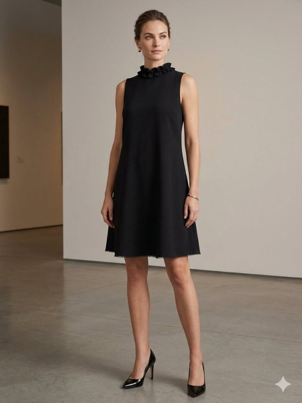 NWT Marina LBD black ruffle neck sleeveless dress, size 14